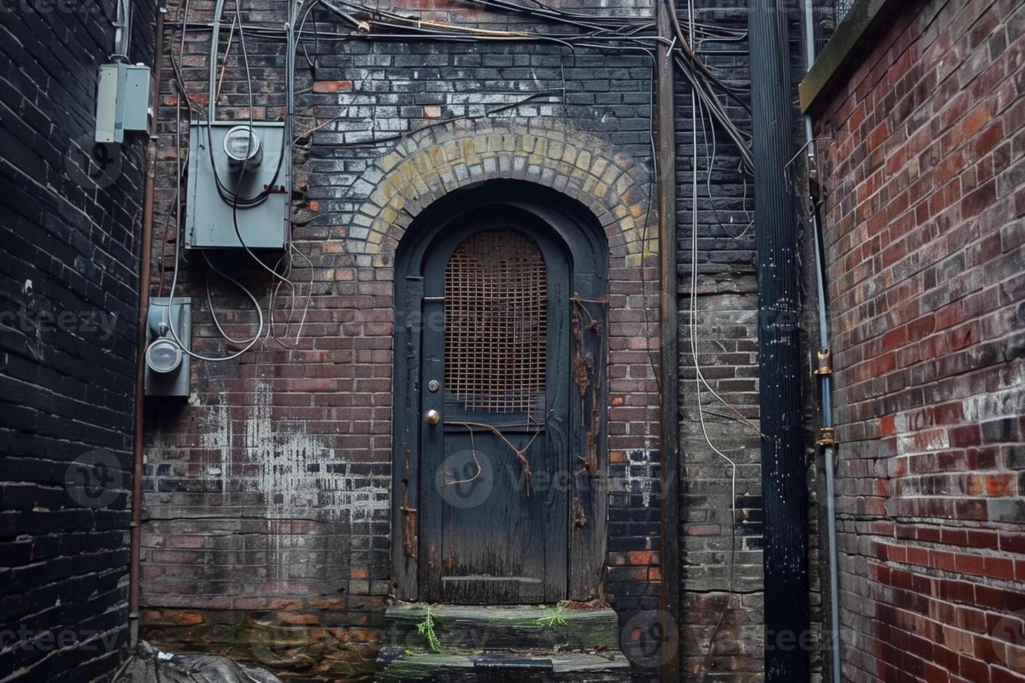 AI generated image shows narrow alleyway between two old brick buildings. One building has rough, uneven bricks while the other appears smoother with dark tone Ai Generated photo