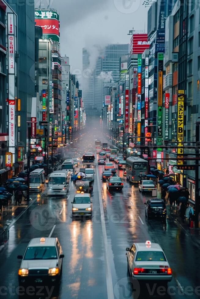 AI generated image of city street on rainy day. Buildings landscape, The road should be wet and reflect the lights from numerous vehicle including cars and truck Ai Generated photo