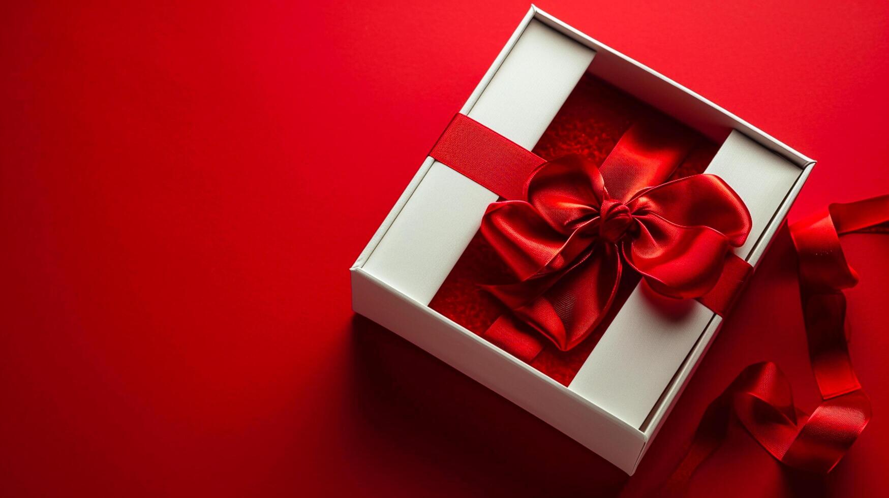 AI generated Empty open white gift box on red background, copy space Ai Generated photo