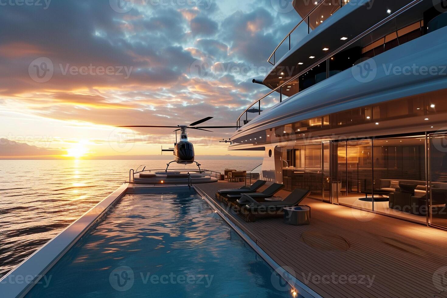 AI generated 3D illustration of a luxury super yacht with a helicopter swimming pool and a jacuzzi Ai Generated photo