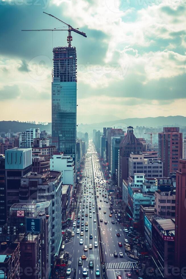 AI generated Photo of cityscape with street filled with moving cars. Buildings of different heights and designs flank both sides of the street. Ai Generated