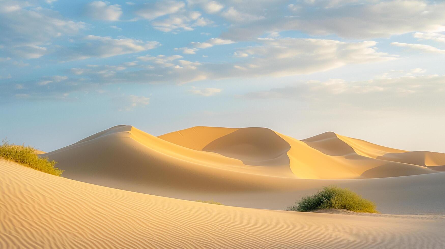 AI generated Photo serene desert landscape smooth sand dunes rich golden tones of the sand with the soft blue sky. few green plants are visible in the foreground undisturbed natural scene Ai Generated