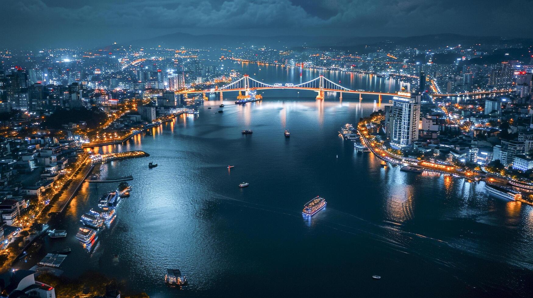 AI generated aerial night view of a cityscape surrounded by water Ai generated photo