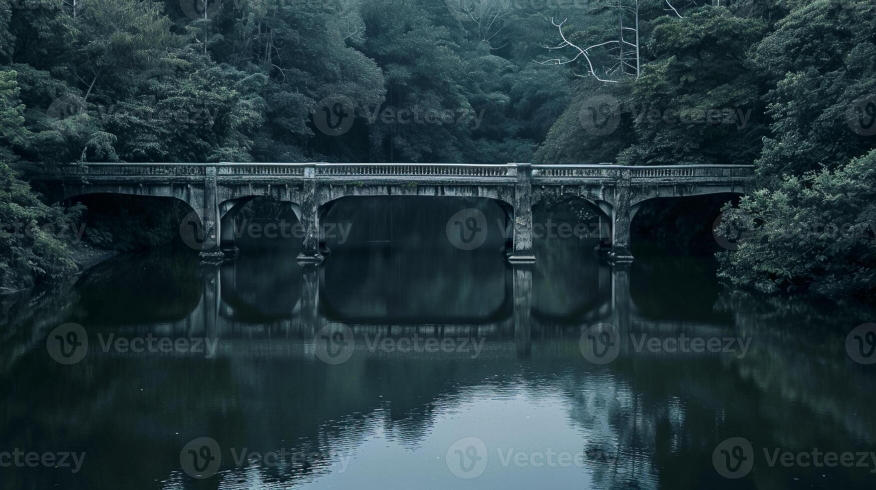 AI generated Photo of two symmetrical bridges crossing over dark river. The bridges should be identical and symmetrical, with intricate structural designs visible. Ai Generated