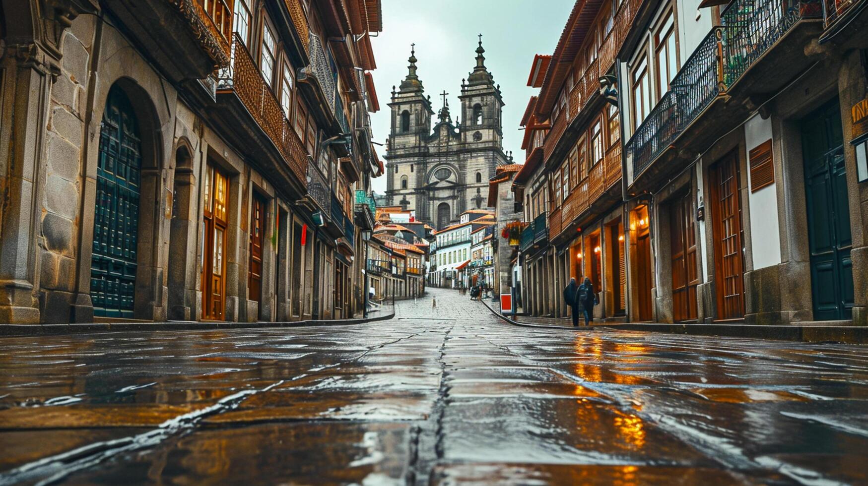 AI generated cobblestone street lined with historic buildings leading towards an ornate cathedral. The buildings have rustic charm, featuring stone construction and wood balconies Ai Generated photo