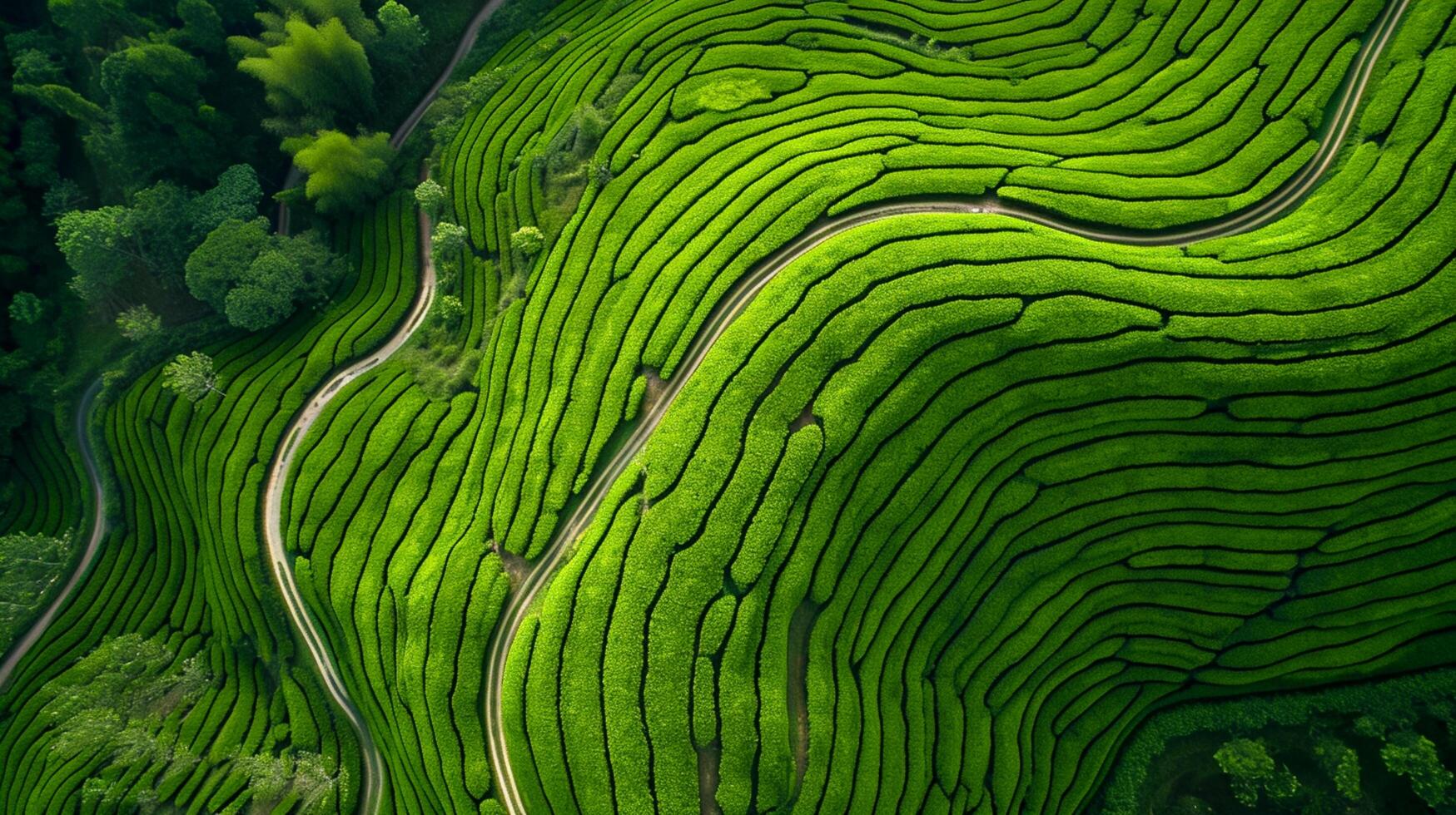 AI generated aerial view of vibrant green tea plantations is beautiful sight to behold. The plantations are organized in neat rows that form intricate patterns on the landscape. Ai Generated photo