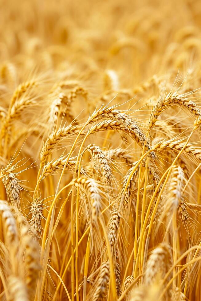 AI generated Photo golden field wheat indicating it is ripe and ready for harvest. Individual wheat stalks and grains are visible, showing detail and texture. Ai Generated