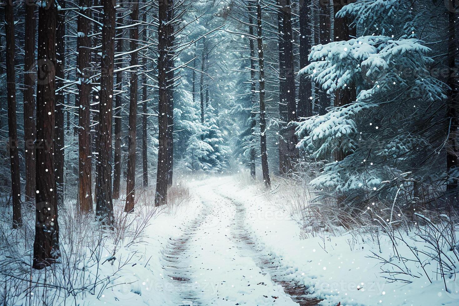 AI generated image of snowy path winding through dense forest of tall, slender trees. Snowflakes are falling gently, adding to the tranquil and serene atmosphere Ai Generated photo