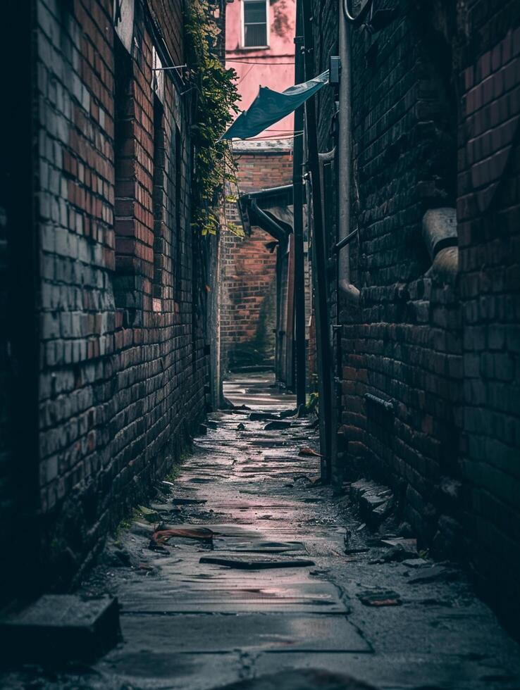 AI generated Photo vertical shot of a narrow alley. The atmosphere is moody and dark with natural Ai Generated