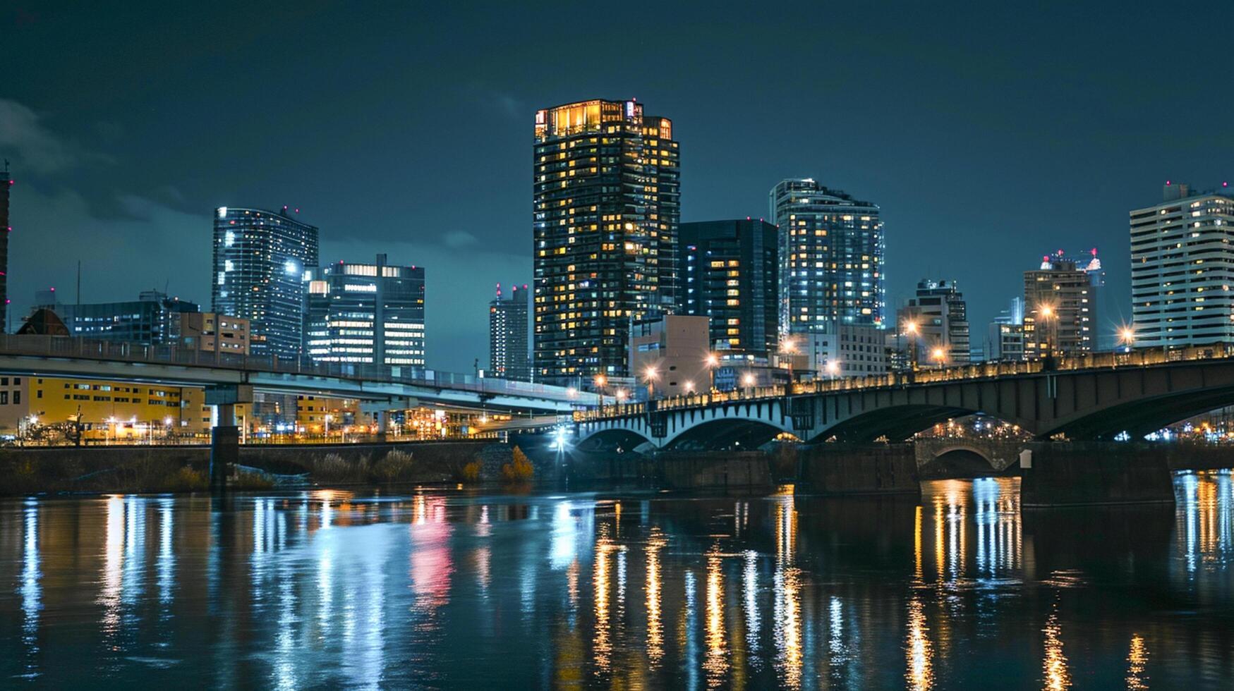 ai generado Noche paisaje urbano presentando alto edificios, un puente, y un río ai generado foto