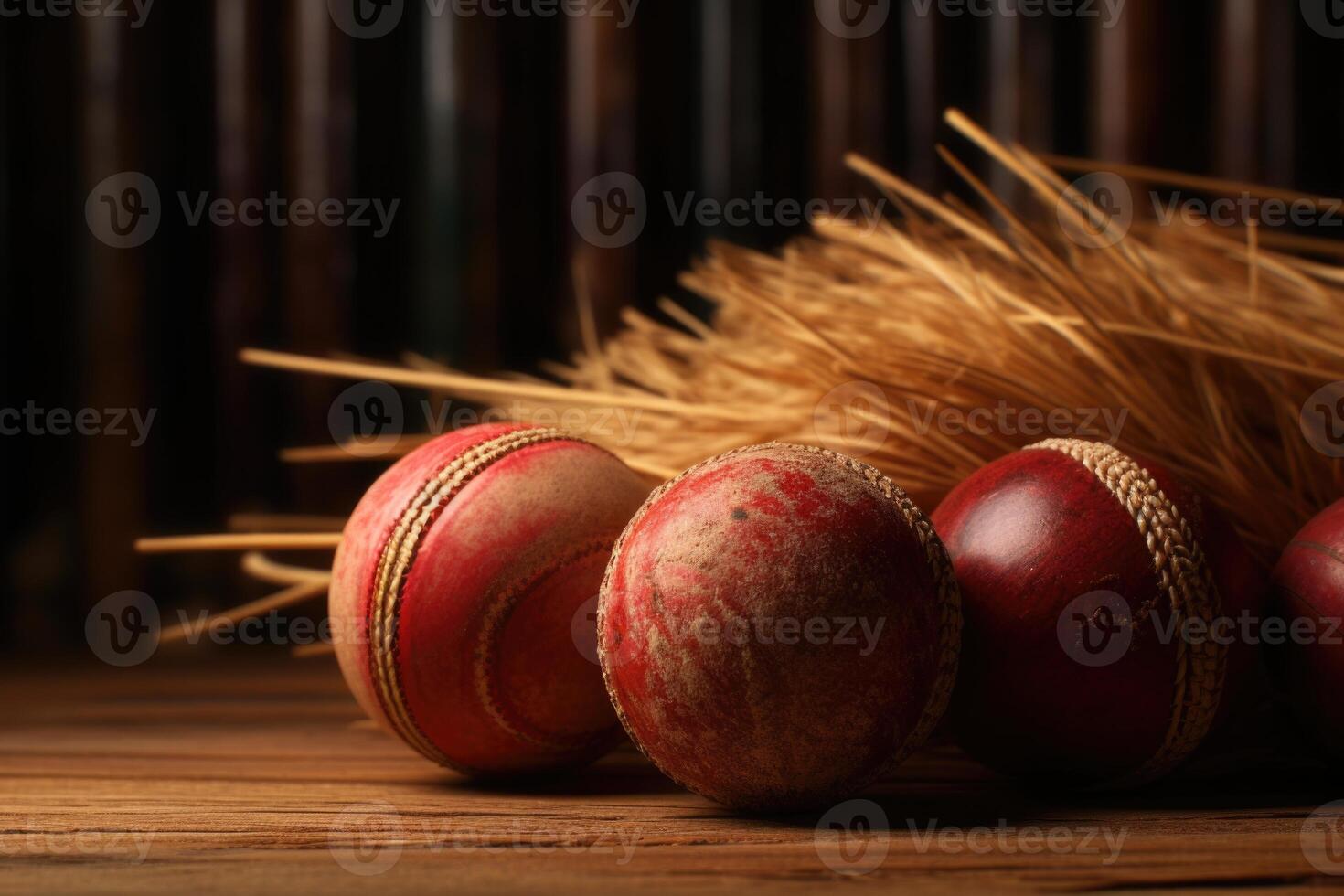 AI generated Closeup of cricket ball and wickets on wooden surface. photo