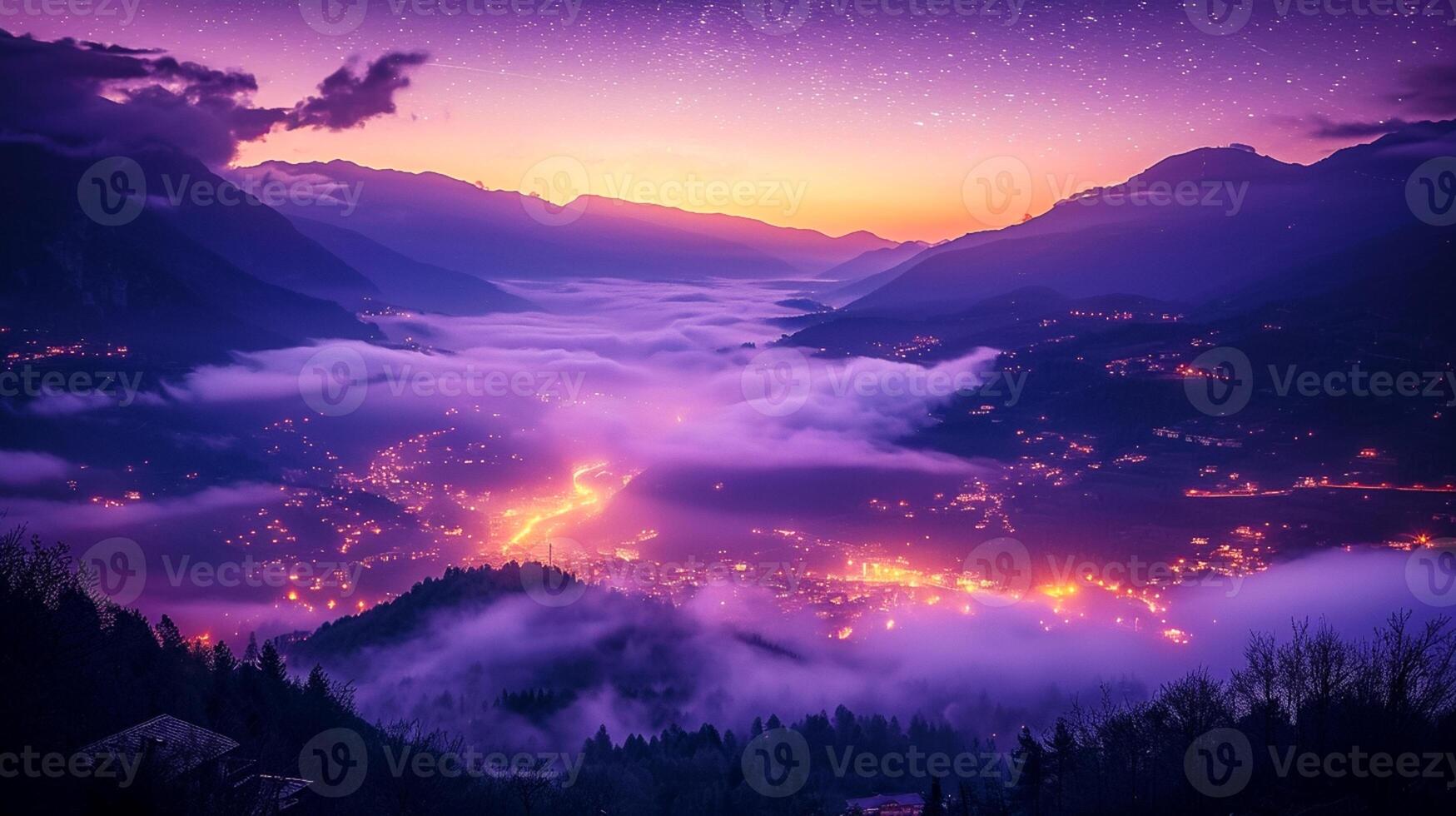 ai generado montañas en niebla en hermosa noche. paisaje con alto montaña valle, bajo nubes, bosque, púrpura cielo con estrellas, esclarecedor el ciudad a puesta de sol ai generado foto