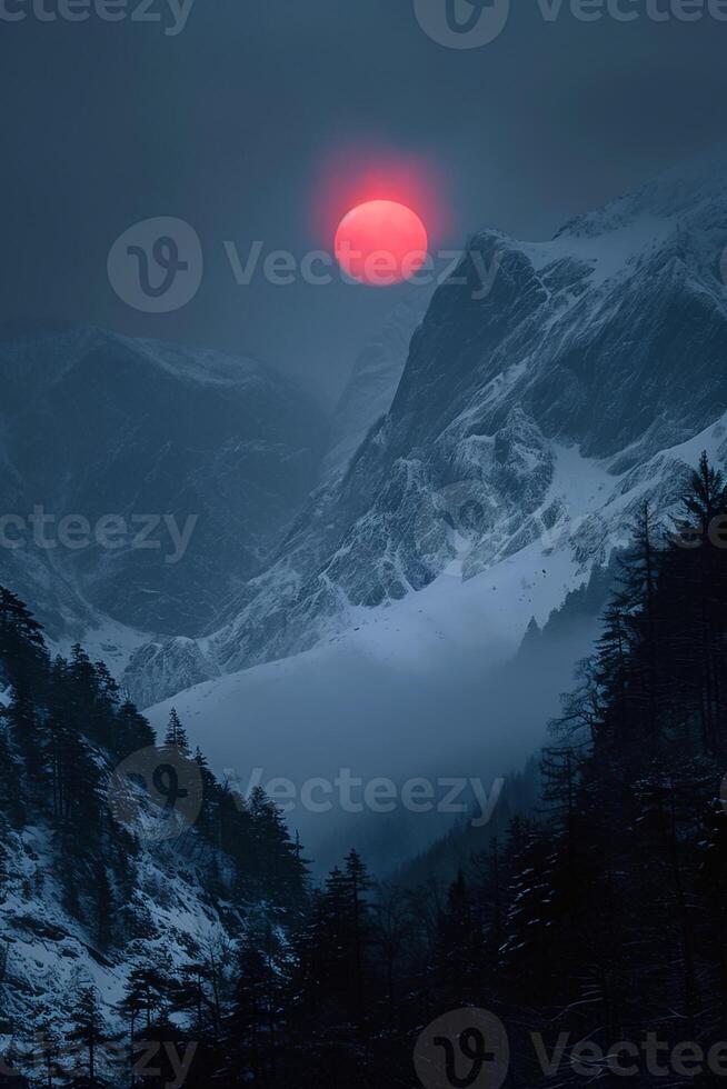 AI generated Snowy mountains surrounded by symmetry, in the center is black and red suns from the evening. Minimalist Chinese classical style Ai Generated photo