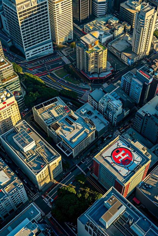 AI generated aerial view of cityscape during daylight. Various buildings with different architectural designs are visible, some have helipads on the roof. Ai Generated photo