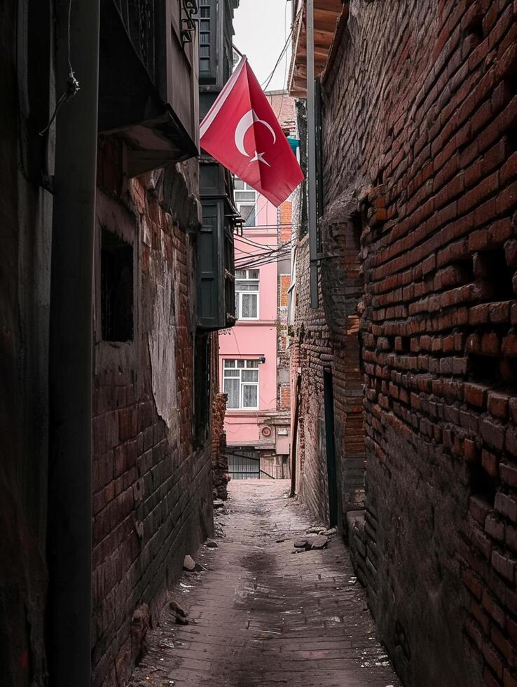 AI generated image captures narrow alleyway between two old brick buildings. One building has rough, uneven bricks while the other appears smoother with dark tones Ai Generated photo