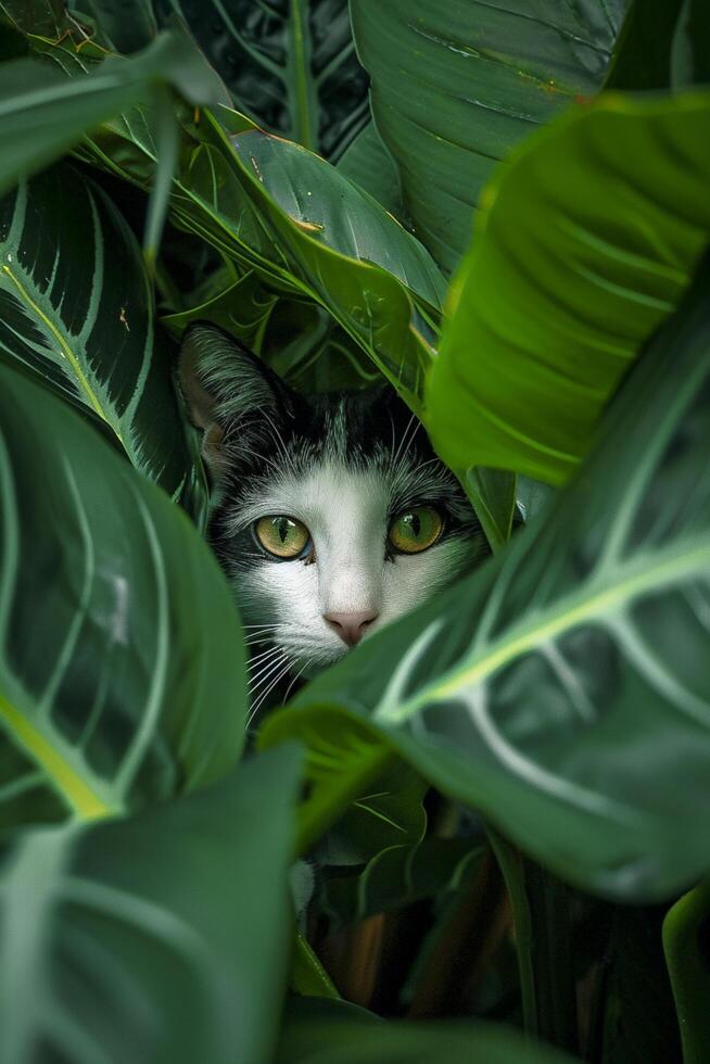 AI generated cat peering through large, vibrant dark green leaves. Ai generated photo