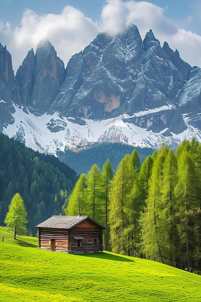 AI generated serene natural landscape with small wood cabin nestled in the foreground. The cabin should be situated on lush green hill, with towering snow capped mountains background Ai Generated photo