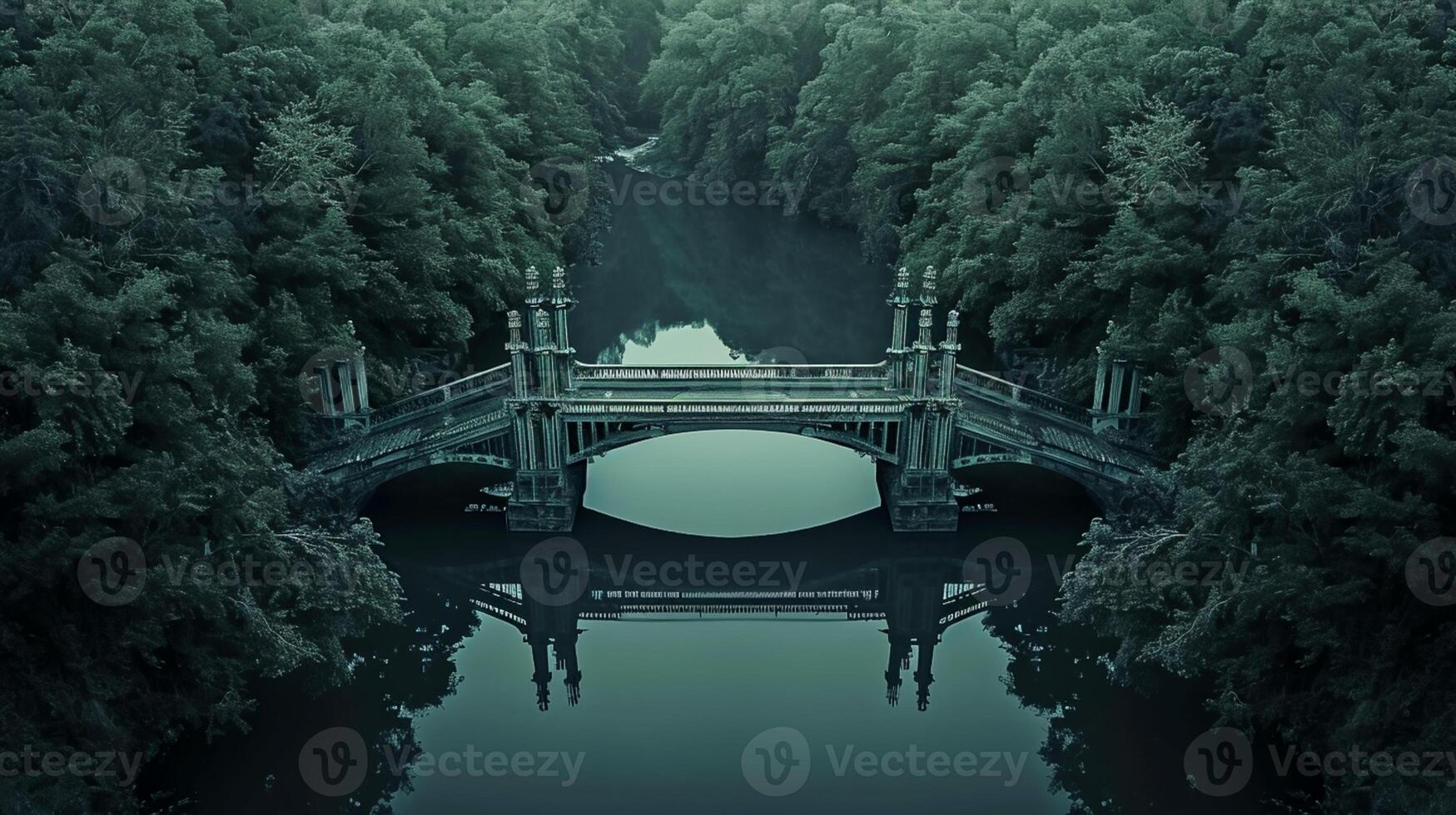 AI generated Photo of two symmetrical bridges crossing over dark river. The bridges should be identical and symmetrical, with intricate structural designs visible. Ai Generated