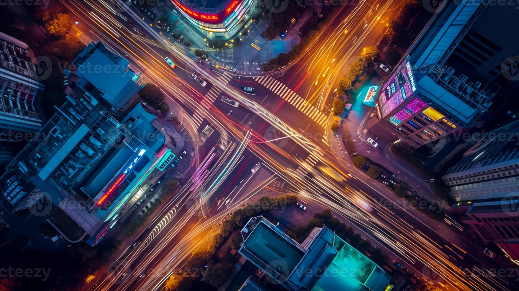 AI generated image is an aerial view of busy city intersection at night. Multiple roads converge at this point, creating an intricate pattern marked by various lanes and crosswalks. Ai Generated photo