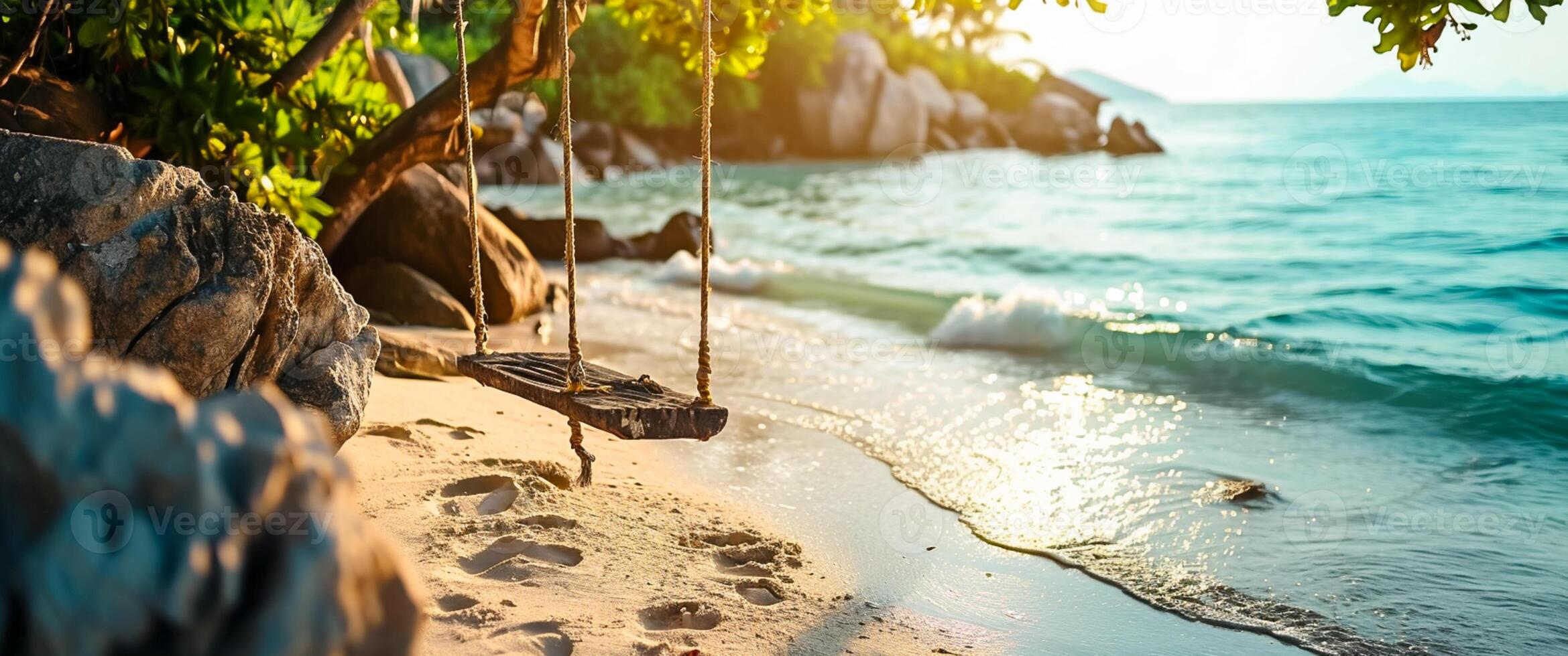 AI generated Close-up of swing on exotic tropical beach with view on ocean and coastline. Vacation concept, Sunny natural background Ai Generated photo