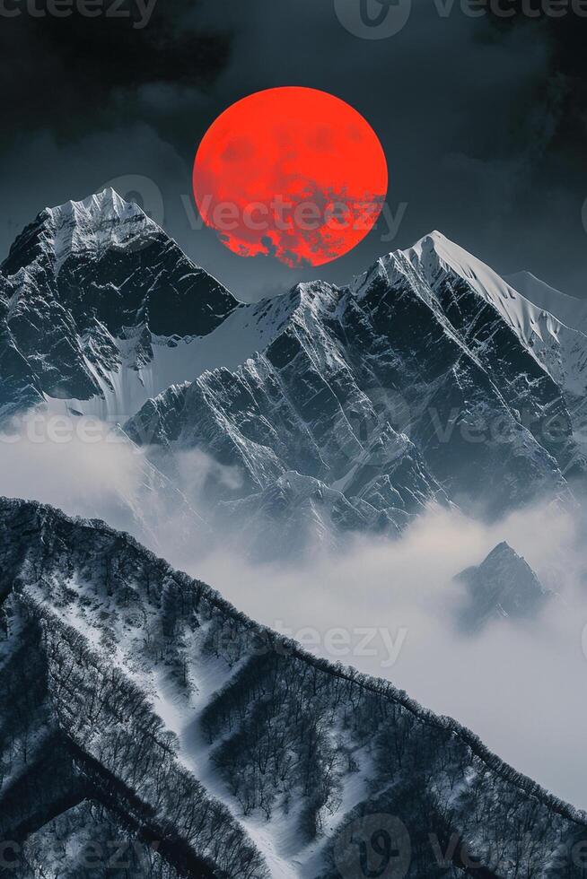 AI generated Snowy mountains surrounded by symmetry, in the center is black and red two suns from the evening. Ai Generated photo