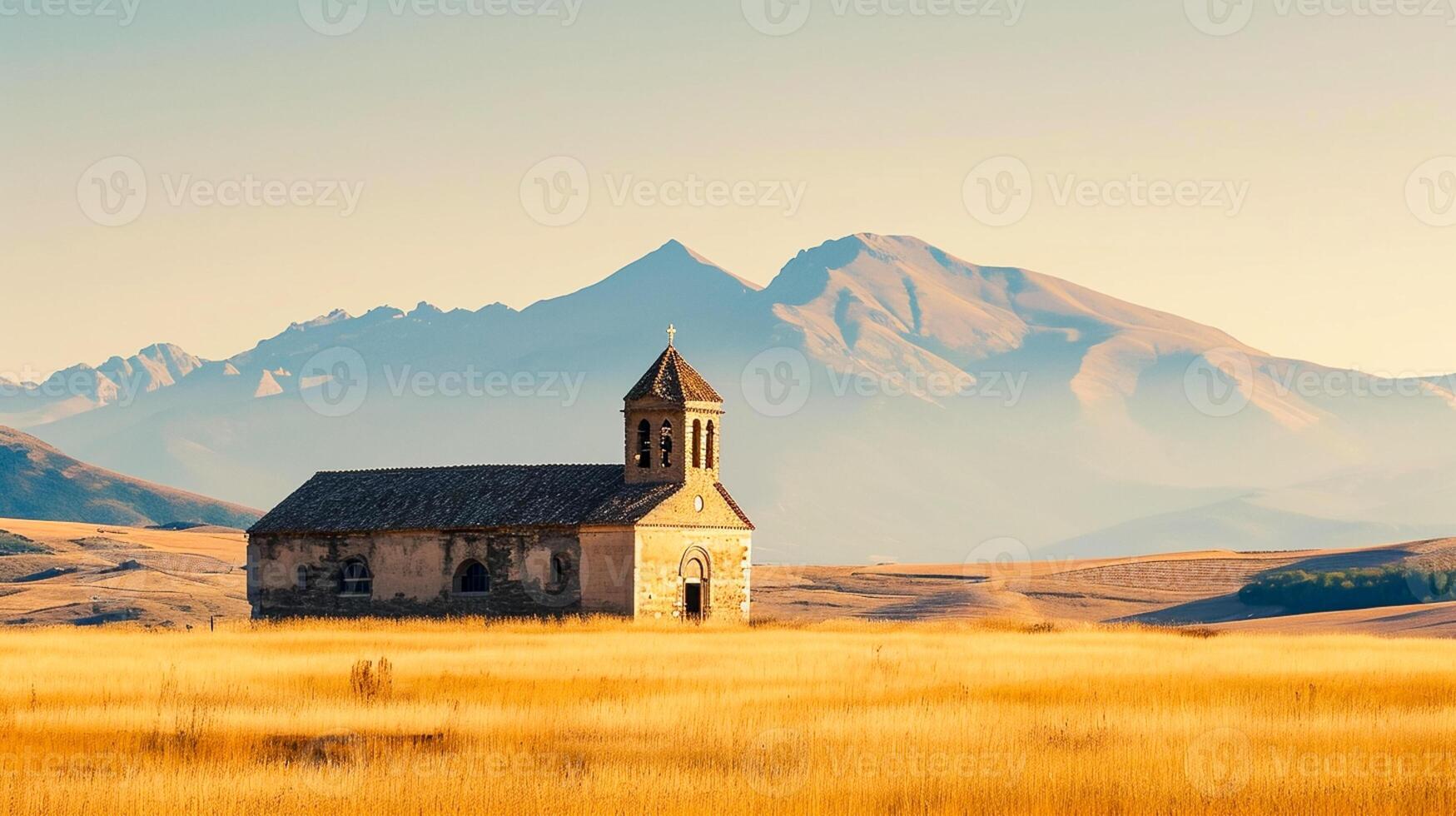 ai generado escénico ver de campo en contra cielo con Iglesia , montañas en el antecedentes ai generado foto