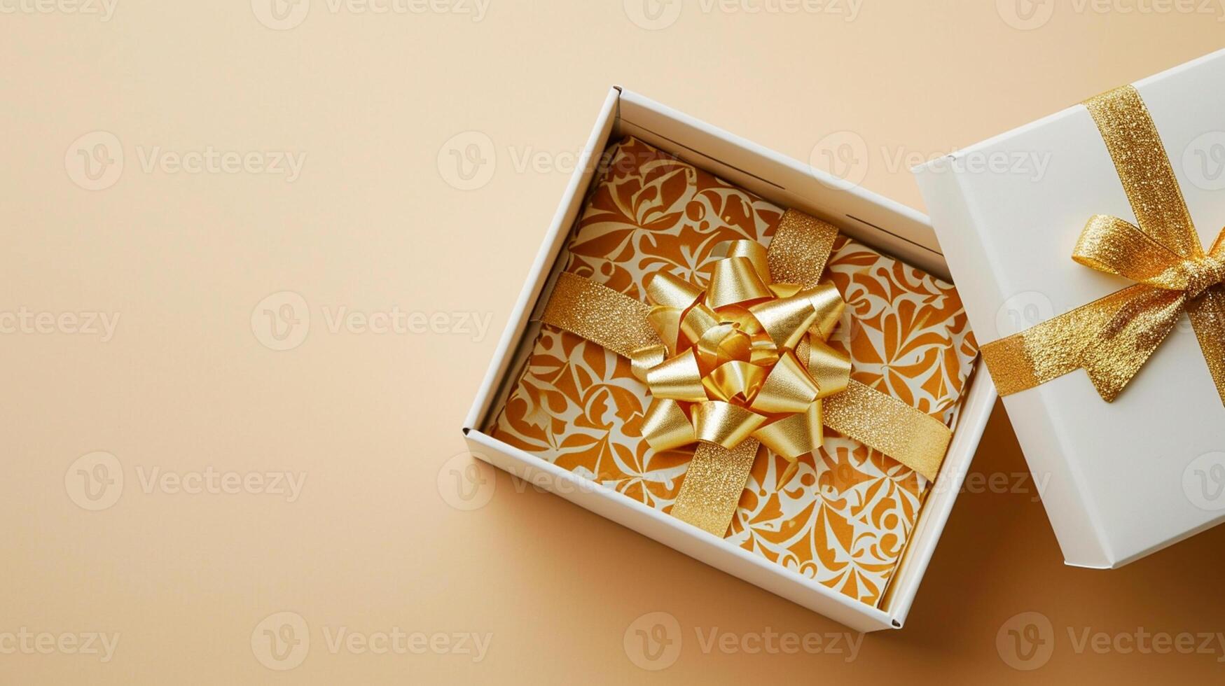 AI generated Radiant Gifting Experience 3D Golden Gift Box, Ribbon, Top View, Empty Space, Ai generated photo