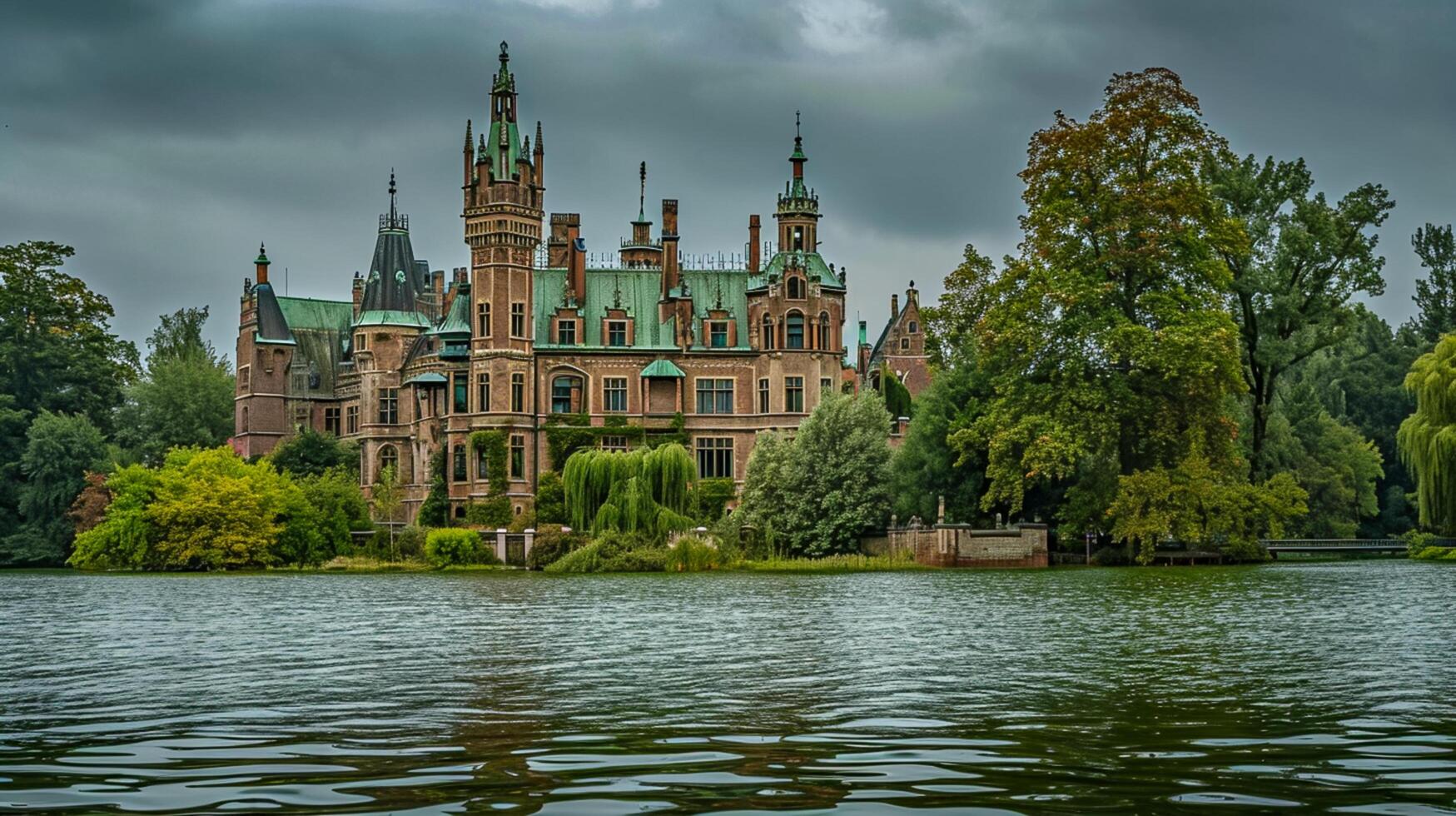 AI generated Photo of majestic castle like structure, surrounded by lush greenery and serene body of water. The building multiple towers with pointed roofs, and green rooftops. Ai Generated