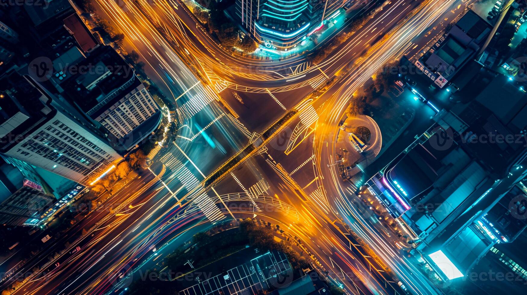 AI generated image is an aerial view of busy city intersection at night. Multiple roads converge at this point, creating an intricate pattern marked by various lanes and crosswalks. Ai Generated photo