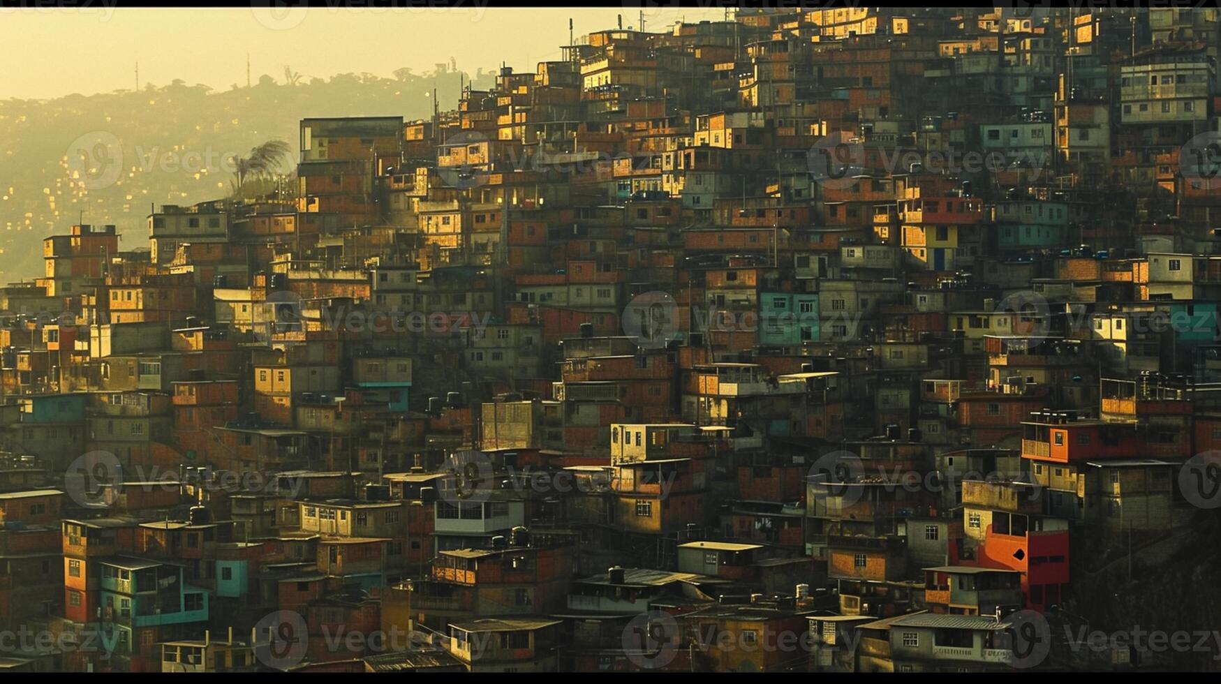 ai generado imagen muestra densamente poblado ladera cubierto en edificios, el mas grande edificios estar prominentemente en medio de menor estructuras ai generado foto