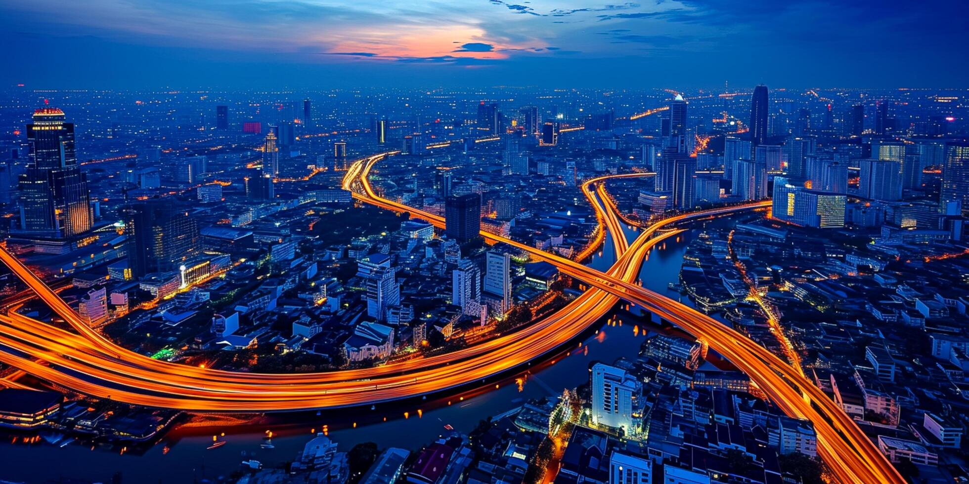 ai generado foto de paisaje urbano durante oscuridad con río mediante parte de el ciudad. el cielo el comienzo de noche, luces de la calle formando brillante naranja sendero a el urbano paisaje ai generado