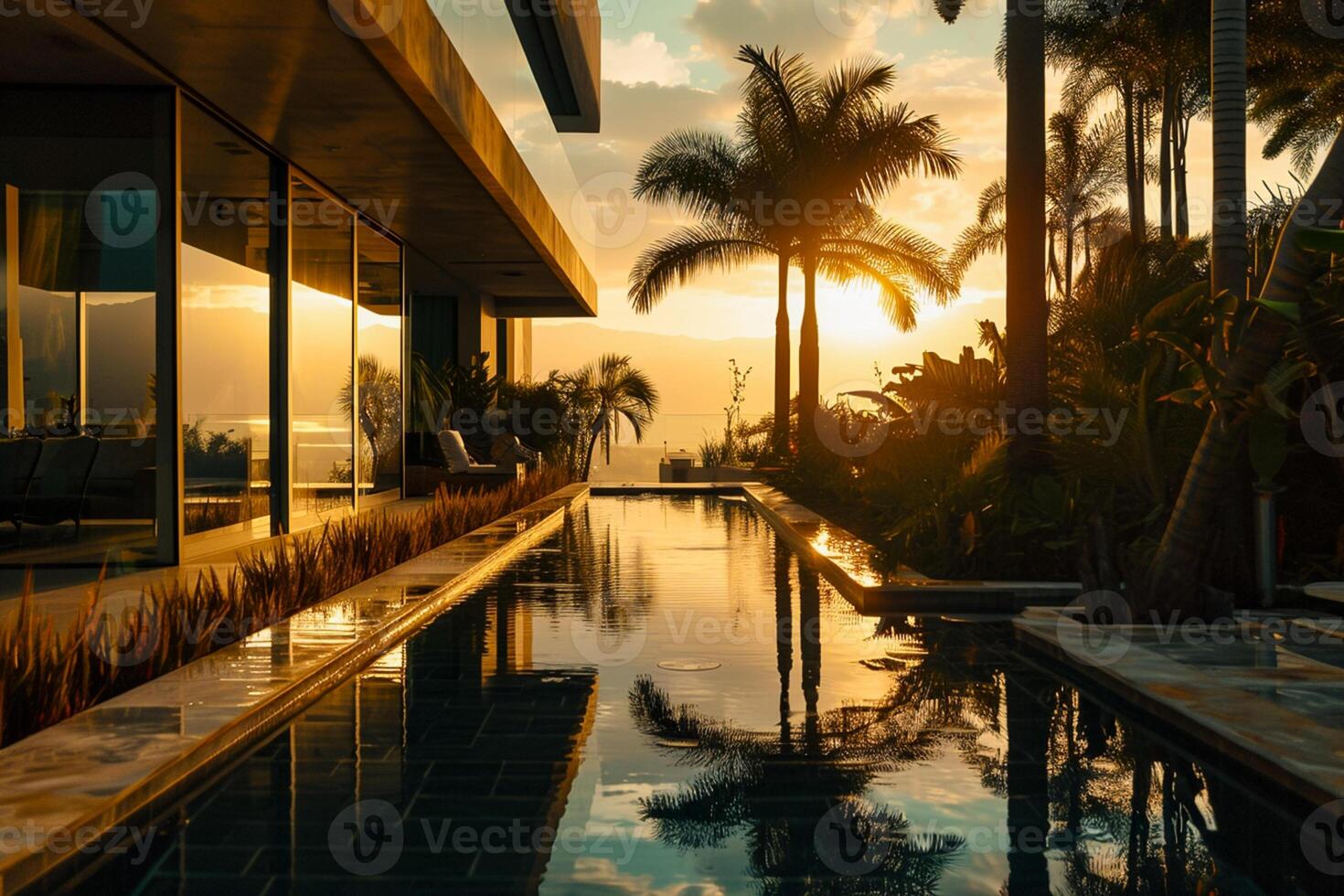 AI generated luxury residences , tropical landscapes, dark amber and gold, dynamic outdoor shots Ai Generated photo