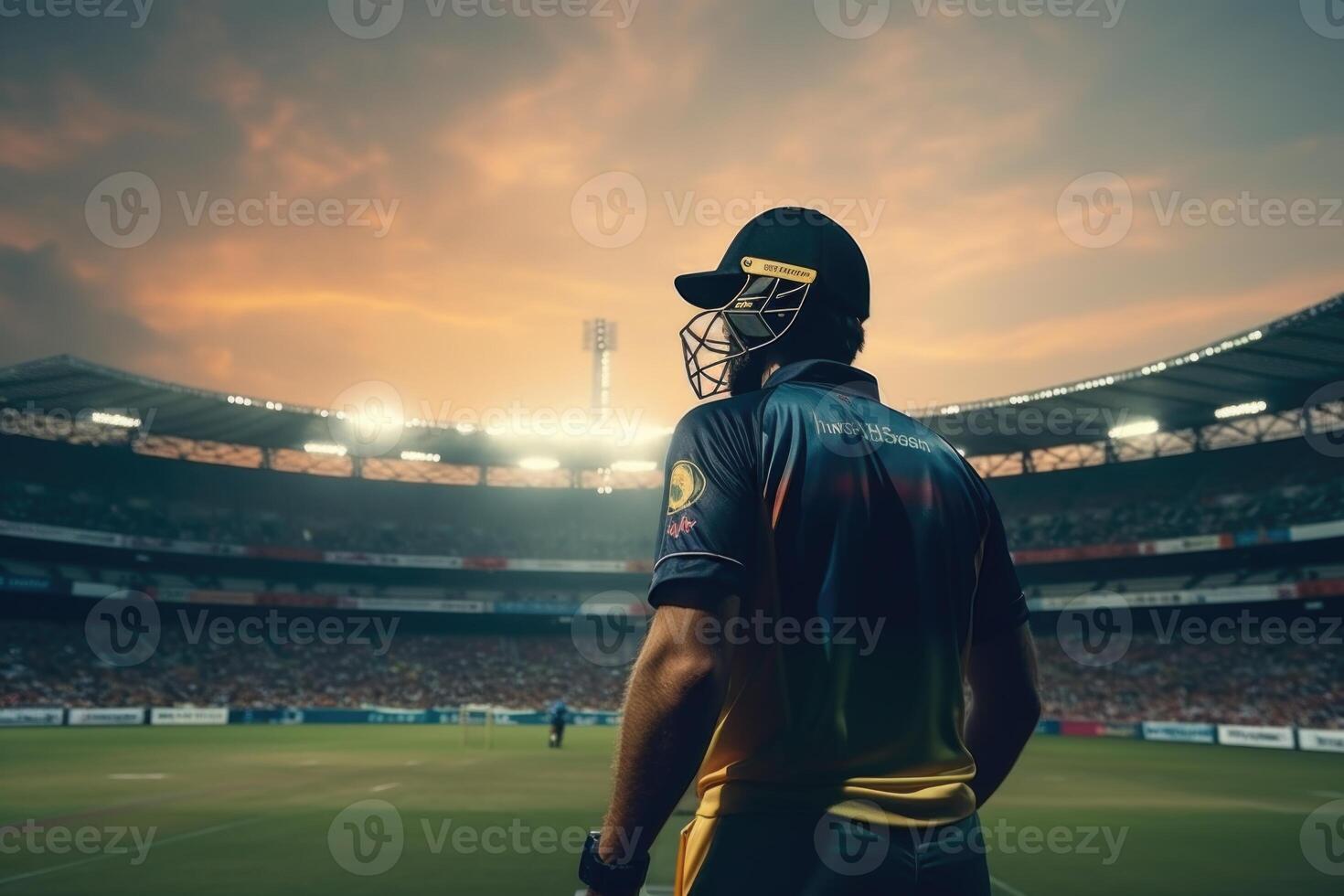 AI generated Professional cricket player on stadium. photo