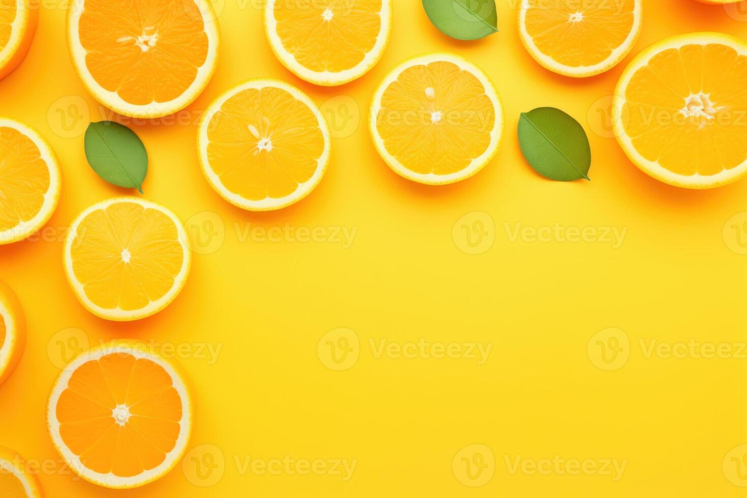 AI generated Citrus fruits with vitamin C on yellow background. photo