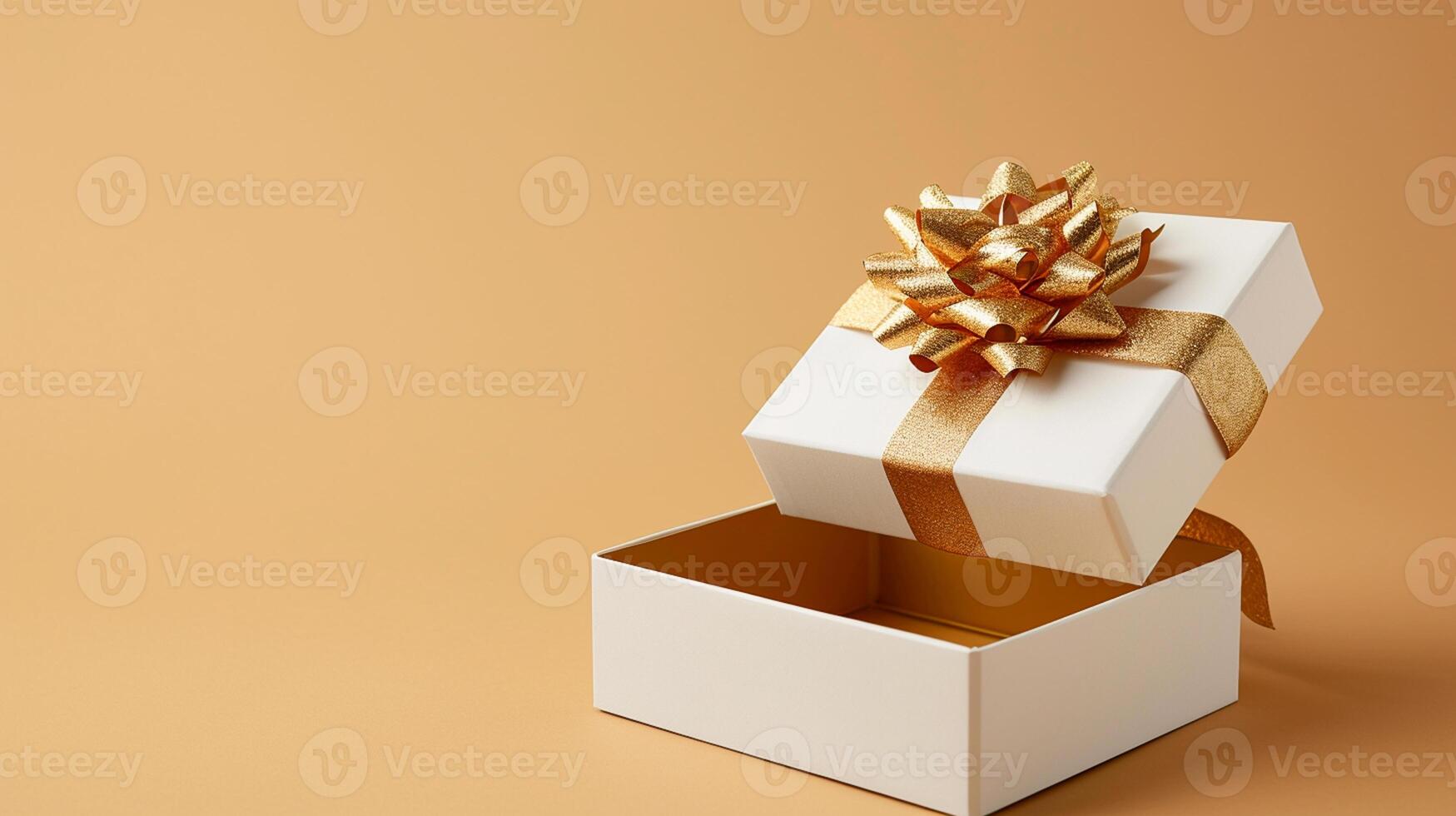 AI generated Unveiling Luxury 3D Gift Box with Gold Ribbon, Empty Space, Top View, Ai generated photo