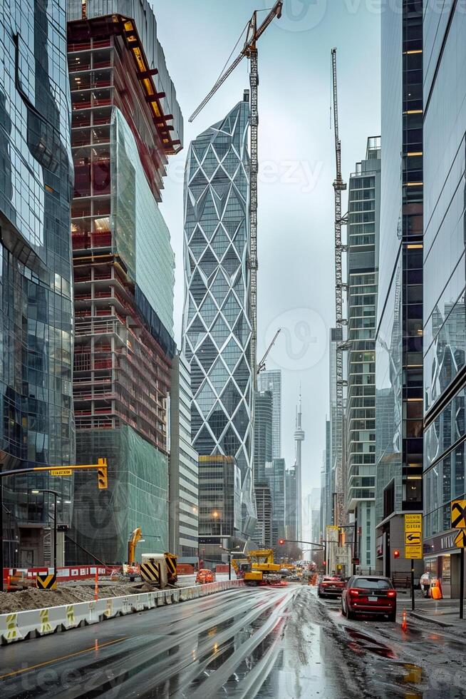 AI generated image captures bustling urban scene with towering buildings of modern architectural designs. prominent building with unique diamond shaped pattern is central in the image. Ai Generated photo