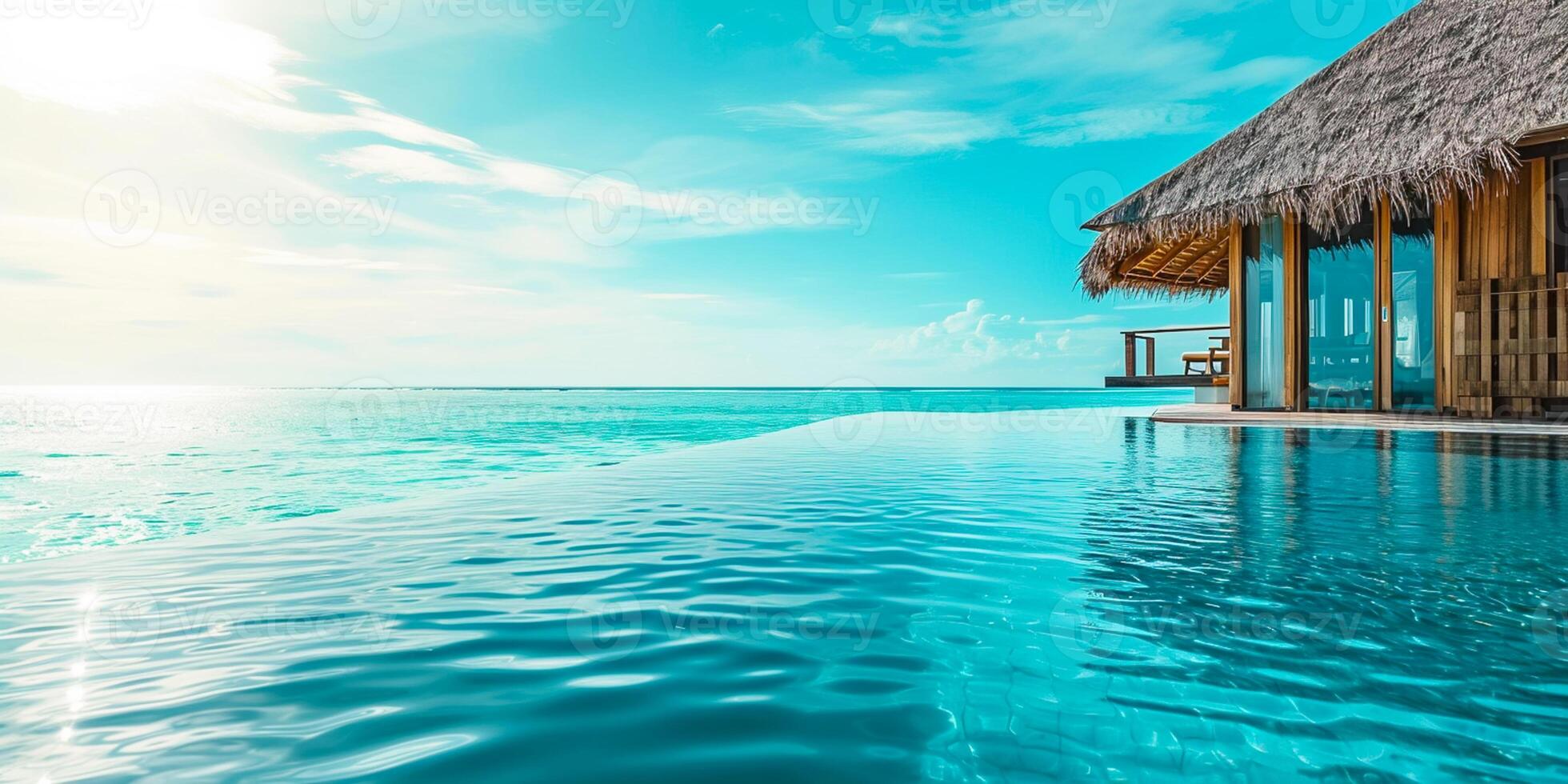 AI generated Tropical minimalistic mockup. Luxury panoramic view at exotic resort on turquoise seascape background. villas on beautiful beach on the ocean Ai Generated photo