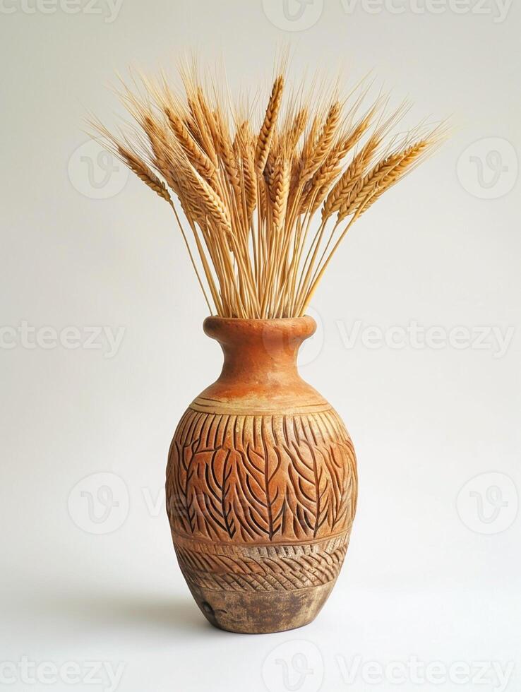 AI generated image features vase with wheat stalks protruding from its opening. The vase is two toned, with the upper part being lighter shade of brown and the lower part darker Ai Generated photo