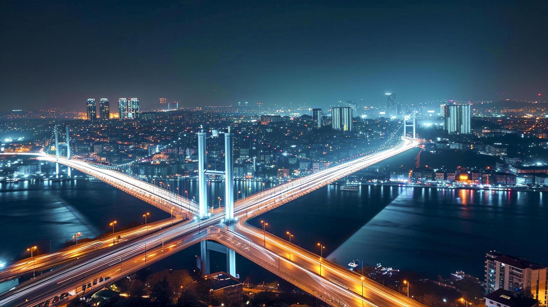 ai generado hermosamente iluminado puente a noche, con el ciudad luces en el antecedentes ai generado foto