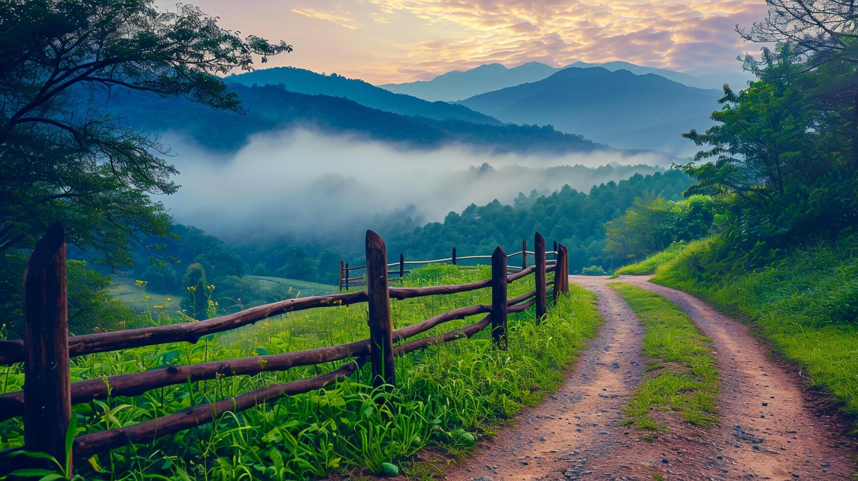 AI generated tranquil rural early morning . winding dirt path is prominent, leading the viewer eye through the it surrounded by lush greenery. wood fence runs alongside the path. Ai Generated photo