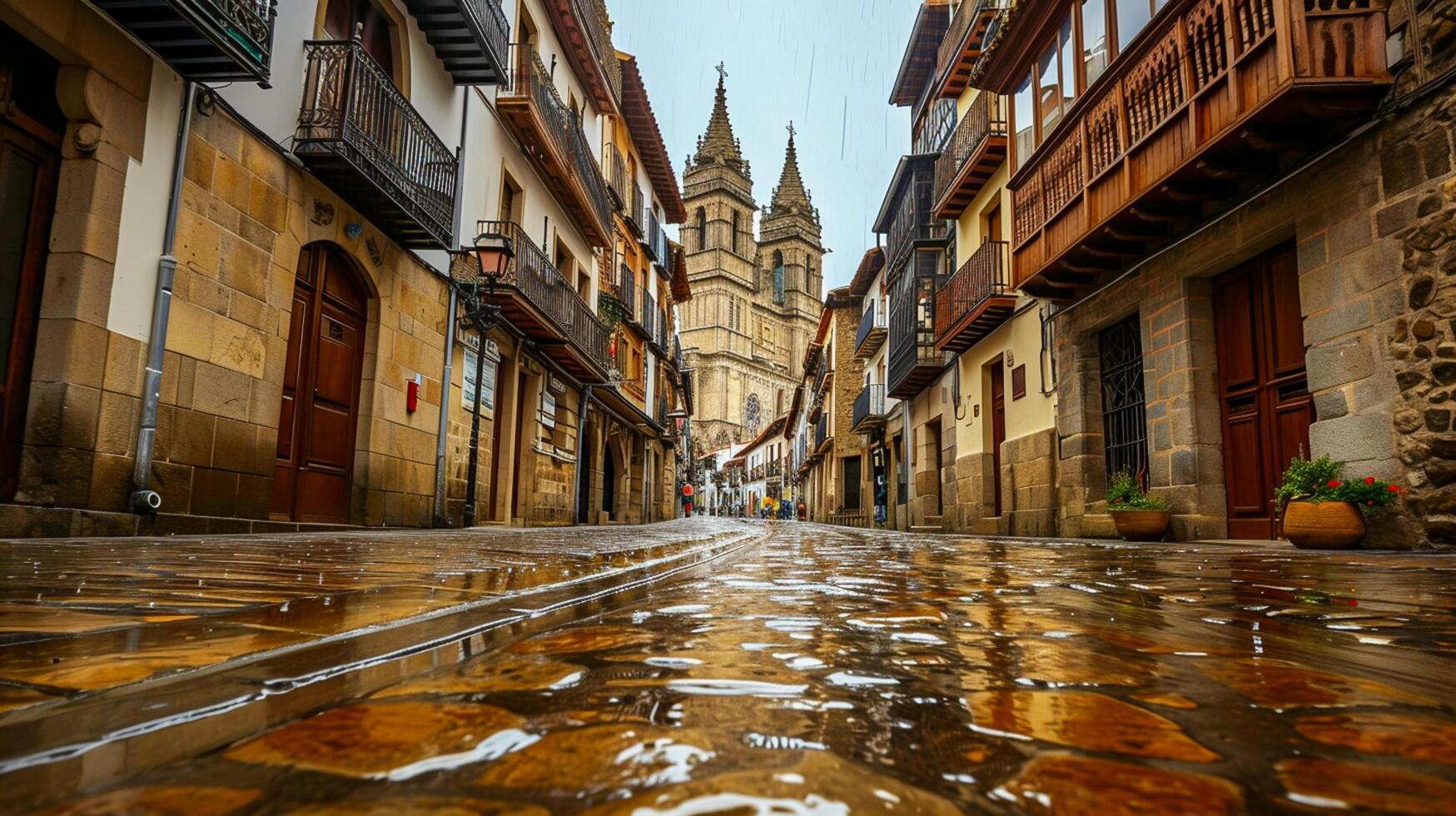 AI generated cobblestone street lined with historic buildings leading towards an ornate cathedral. The buildings have rustic charm, featuring stone construction and wood balconies Ai Generated photo