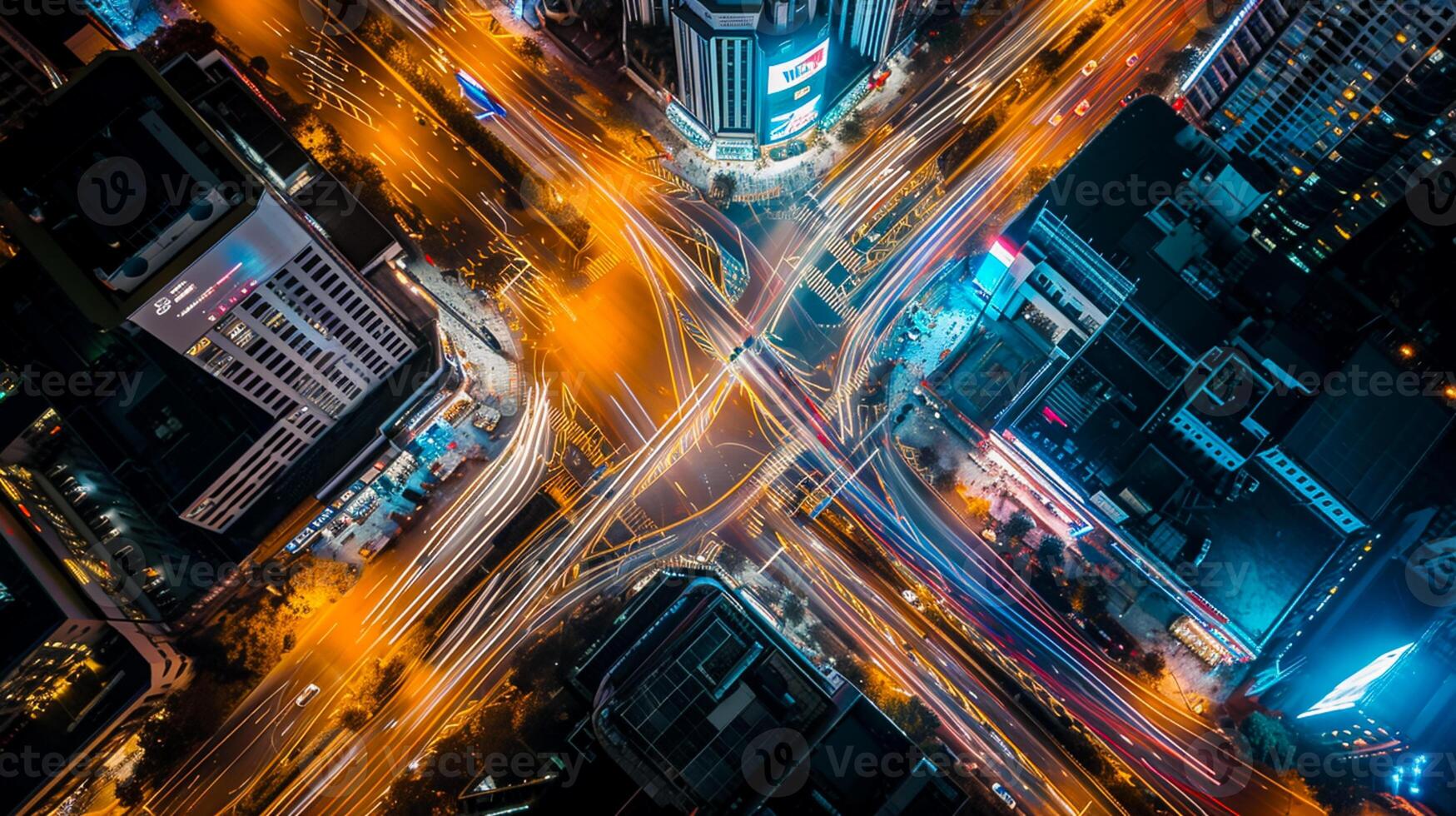 AI generated image is an aerial view of busy city intersection at night. Multiple roads converge at this point, creating an intricate pattern marked by various lanes and crosswalks. Ai Generated photo