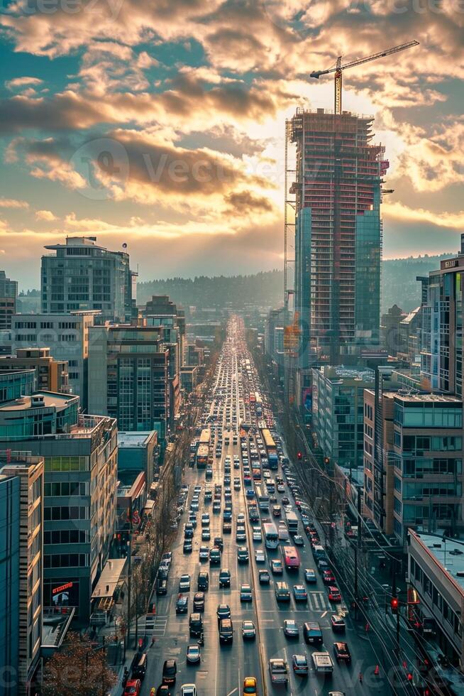 AI generated Photo of cityscape with street filled with moving cars. Buildings of different heights and designs flank both sides of the street. Ai Generated