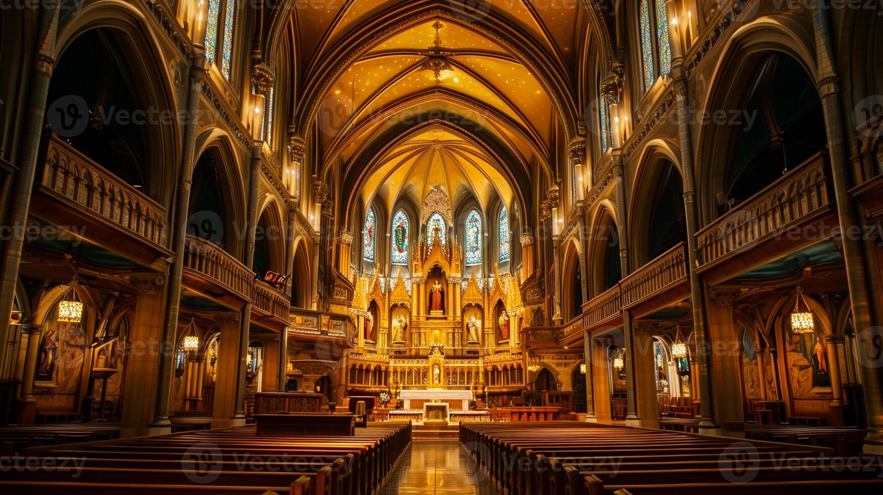 AI generated Photo of the interior of grand church with intricate architectural details. wood pews are aligned in rows leading up to the altar Ai Generated