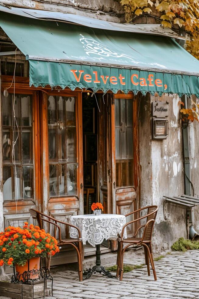 AI generated exterior of Velvet cafe with its name elegantly written on the awning. Ai generated photo