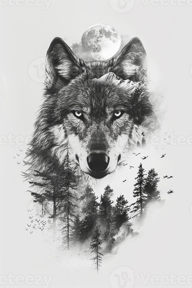 AI generated double exposure of a wolf face front, and forest trees mountains and full moon in the sky Ai generated photo