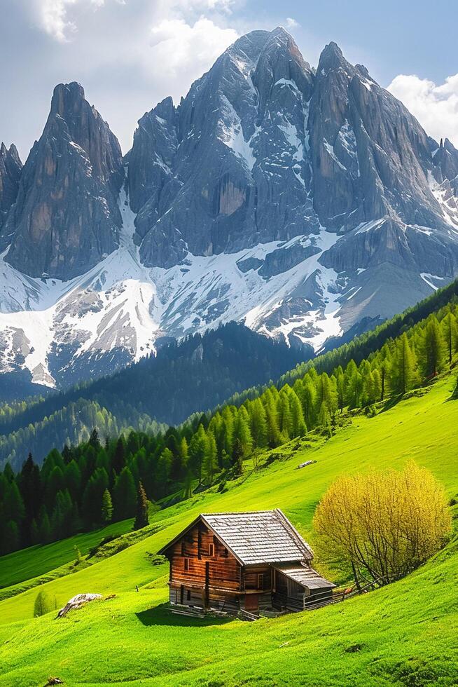 AI generated serene natural landscape wood cabin nestled in the foreground. The cabin should be situated on lush green hill, with towering snow capped mountains in the background Ai Generated photo