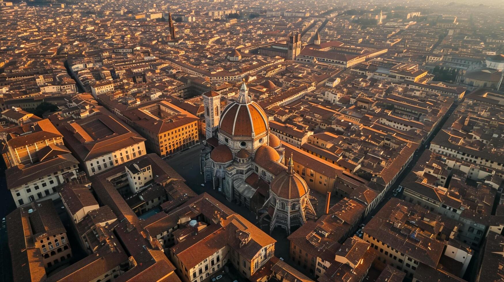 AI generated aerial view captures historic cathedral surrounded by densely packed cityscape. The city has narrow streets and brown rooftops, with traditional architecture Ai Generated photo