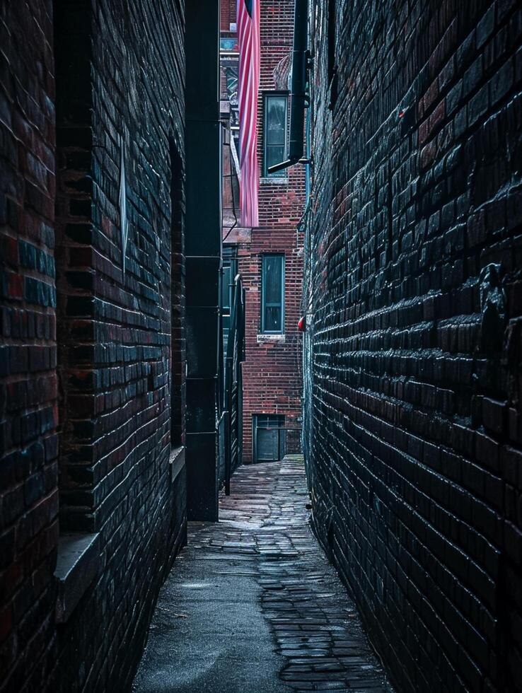 AI generated Photo vertical shot of a narrow alley. The atmosphere is moody and dark with natural Ai Generated