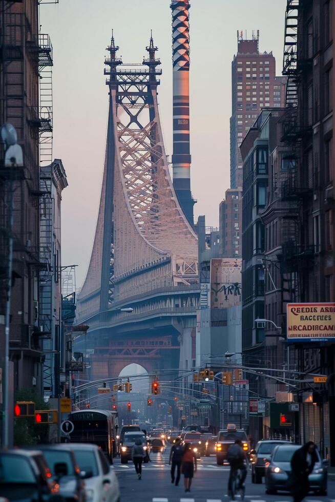 AI generated image is cityscape  with the Queensboro Bridge prominently featured in the background. The bridge is intricately designed, showcasing detailed architecture and engineering Ai Generated photo